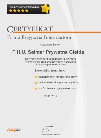 Certyfikat Firmy Salmar Przyjaznej Internautom